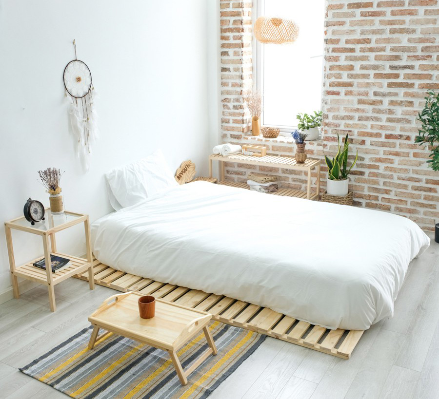 Giường ngủ gỗ thông pallet 1m2 Hàn Quốc